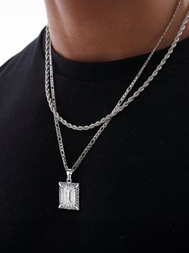 U7 Initial Letter Necklace for Men Women, 14K Gold/Silver Plated Square Capital Monogram Pendant Necklace from A-Z with 22+2 Inch Figaro Chain, Personalized Jewelry for Him - color: Silver, style: I