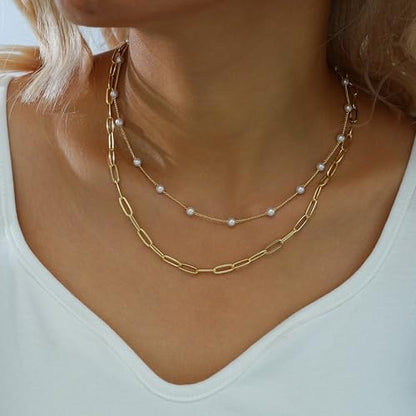 YEEZII Layered Gold Necklaces for Women Trendy, 3 Pcs 14K Gold Plated Choker Paperclip Box Chain Necklace, Stackable Women's Gold Pendant Necklaces Jewelry Set - color: Gold-3 Pcs-Flower