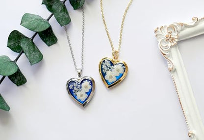 Handmade Heart Shaped Dried Pressed Forget Me Not Flower Photo Locket Pendant Necklace - color: Gold, style: WHITE+ROYAL BLUE