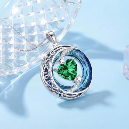 Birthstone Necklace for Women Crystal Moon and Star Pendant White Gold Celtic Moon Jewelry Birthday Graduation Gifts for Wife Her - style: Moon-5