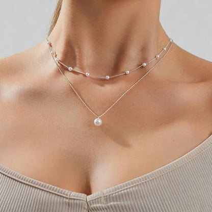 Pearl Necklace for Women, Dainty Pearls Choker Necklace for Women 14K Gold Plated Layered Pendant Necklace Handmade Gold Chain Necklace Everyday Jewelry Gift - color: Layered Satellite Pearl-Silver