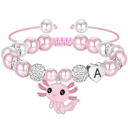 Ritach Graduation Gift fo Her - Cute Axolotl Heart Initial Bracelet CZ Rhinestone Beads and Pink White Pearl Bracelets for Girls Teen Kids Axolotl Graduation Gift for Her Girls Kids Axolotl Lovers - style: A.
