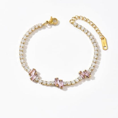 18K Gold Plated Cubic Zirconia Tennis Bracelet for Women Sparkling Stackable Stainless Steel Jewelry Hypoallergenic Tarnish Resistant Bridal Gift - color: Pink Baguette CZ-Gold