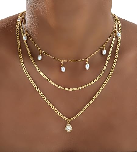 YEEZII Layered Gold Necklaces for Women Trendy, 3 Pcs 14K Gold Plated Choker Paperclip Box Chain Necklace, Stackable Women's Gold Pendant Necklaces Jewelry Set - color: Gold-3 Pcs-Pearl