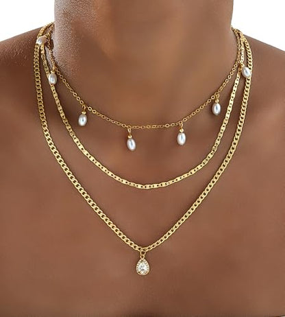 YEEZII Layered Gold Necklaces for Women Trendy, 3 Pcs 14K Gold Plated Choker Paperclip Box Chain Necklace, Stackable Women's Gold Pendant Necklaces Jewelry Set - color: Gold-3 Pcs-Pearl