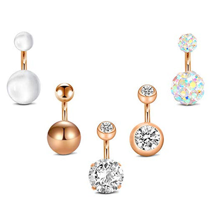 QWALIT Belly Rings - Short Bar Belly Button Rings in Surgical Steel with Opal Stones - 6mm & 10mm - color: Style D - rose gold -6mm