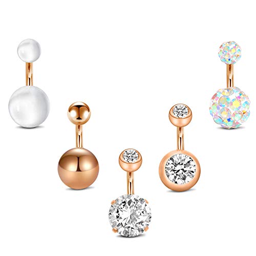 QWALIT Belly Rings - Short Bar Belly Button Rings in Surgical Steel with Opal Stones - 6mm & 10mm - color: Style D - rose gold -6mm