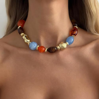 Chunky Acrylic Beaded Necklace for Women Colorful Acrylic Resin Beaded Choker Big Round Beads Statement Necklace Fashion Jewelry - color: Brown