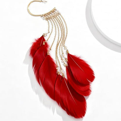 Feather Earrings for Women Ear Cuffs Long Tassel Boho Clip Earrings Red White Non Piercing Earring Statement Jewelry Birthday Prom Jewelry Gifts - color: A3:red tassel feather ear clips
