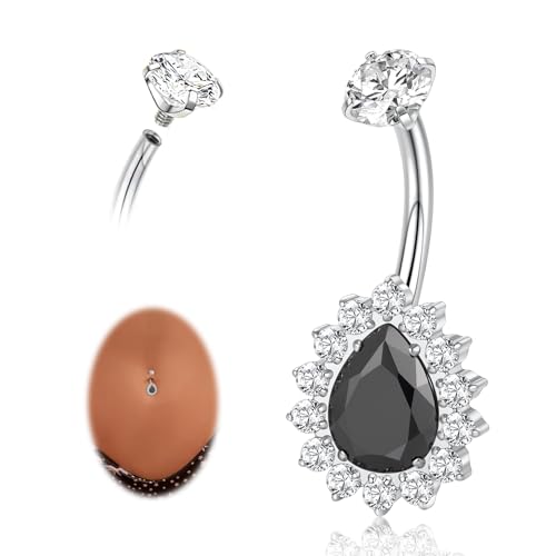 AROWRO Gold Belly Button Ring G23 Titanium Hypoallergenic 14G belly ring for Women Men Teardrop Navel Piercing Jewelry 10mm Barbell With Cubic Zircon - color: Sliver+Black CZ