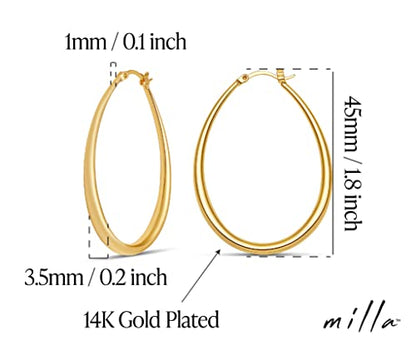 Milla Oval Hoop Earrings for Women | Elegant Polished 14K Gold, Rose Gold or Silver Plated Hoops with Secure Latch Closure, Hypoallergenic & Lightweight - color: 14K Gold Plated / 1.8 in - SMALL