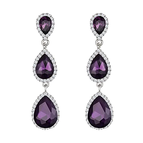 EleQueen Women's Crystal Teardrop Pear Shape 2.5 Inch Long Earrings | Dangle Earrings for Women, TearDrop Crystals Earrings for Bride Bridesmaid, Prom Jewelry for Wedding - color: Purple Color Silver-Tone