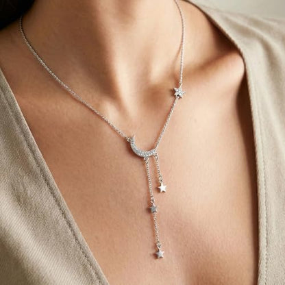 Moon Y Necklace Silver with Star Pendant, Rhinestone Long Link Chain Jewelry, Adjustable Moon Choker Crescent Pendant Collarbone Necklaces, Celestial Statement Jewelry Gifts for Women - style: Modern