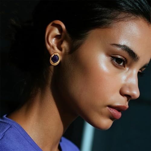 Jean Beau Chunky Gold Stone Stud Earrings for Women, Trendy Natural Gemstone Hypoallergenic Earing Valentine Jewelry Gift - color: Navy Blue