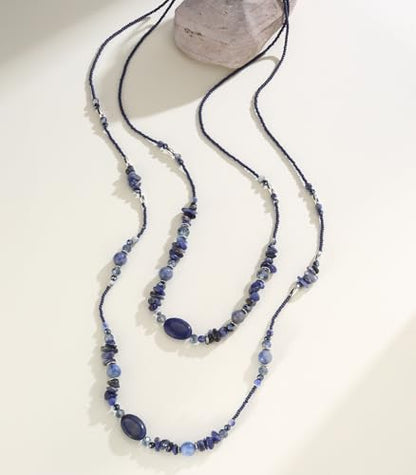 Noessla Boho Long Beaded Necklaces for Women Double Layer Chunky Irregular Stone Beads Strand Statement Jewelry Mothers Day Gifts - color: Navy Blue