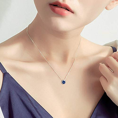 925 Sterling Silver Solitaire Cubic Zirconia Necklace for Women Teen Girls - color: September - Blue