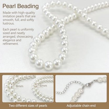 2 Pack Round Imitation Pearl Necklace – Wedding Pearl Necklace for Brides, 8mm & 6mm – Elegant Bridal & Everyday Jewelry, Handmade Pearls with Alloy Hooks