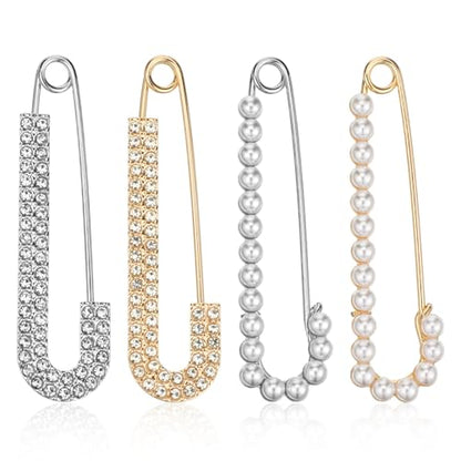 Safety Pin Brooch Decorative Brooch Pins for Women Clothing | Crystal Shawl Brooches for Women Shawl Shirt Dress Clips Pearl Pins Jewelry Sweater Clips Gold Silver