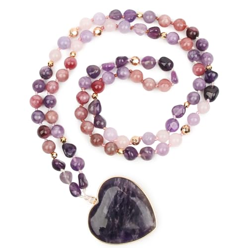 Long Necklaces for Women Boho, Oval Waterdrop Turquoise Pendant, Natural Stone Beaded, Handmade,Vintage & Elegance, Boho Fashion Charm Beaded Necklace for Women - style: P-Amethyst Heart Pendant