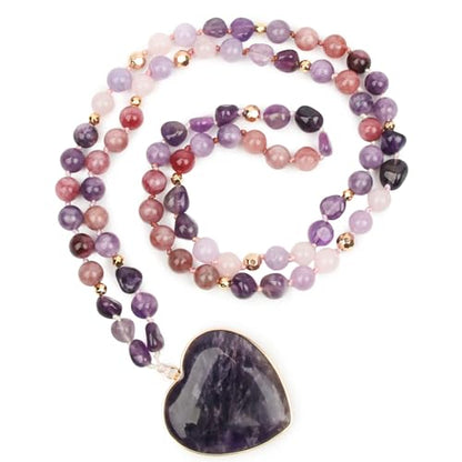 Long Necklaces for Women Boho, Oval Waterdrop Turquoise Pendant, Natural Stone Beaded, Handmade,Vintage & Elegance, Boho Fashion Charm Beaded Necklace for Women - style: P-Amethyst Heart Pendant