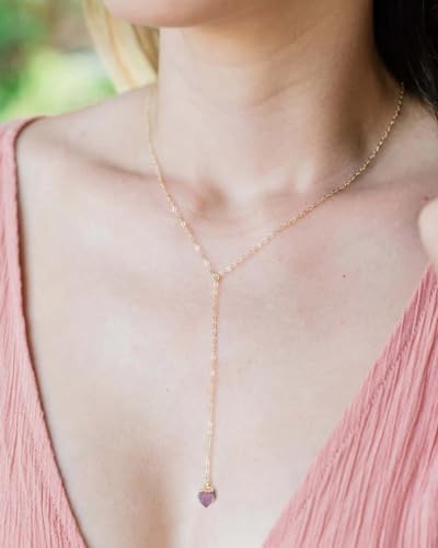 Lariat Necklace for Women Dainty Gold Long Crystal Drop Y-Shaped Necklace | 14k Gold Plated Crystal Drop Necklace Trendy Non Tarnish Simple Gold Jewelry For Wedding, Prom, Daily - color: Amethyst