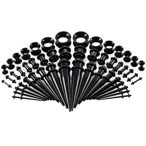 50Pcs Ear Stretching Kit 14G-00G: Acrylic Tapers Plugs Silicone Tunnels Hypoallergenic Gauges Expander Set Body Piercing Jewelry for Men Women - color: Black