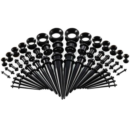 50Pcs Ear Stretching Kit 14G-00G: Acrylic Tapers Plugs Silicone Tunnels Hypoallergenic Gauges Expander Set Body Piercing Jewelry for Men Women - color: Black