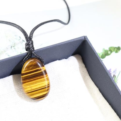 FANASY Natural Gemstone Pendant Necklace Healing Crystal Stone Choker Necklace Adjustable Waxed Black Rope for Women Men - color: Tiger's Eye