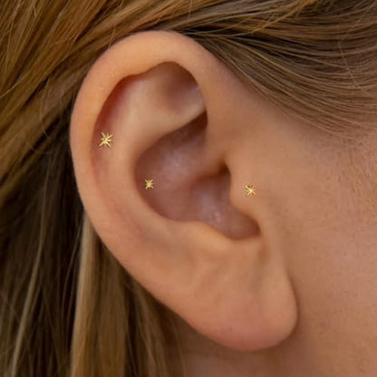 20G/18G/16G Titanium Flat Back Earrings, Threadless Nose Stud Tiny Stud Earrings, Cartilage Tragus Piercing Jewelry Conch Helix Stud - color: Starbust (gold 3pcs), size: 18ga(1.0mm)