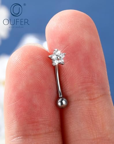 OUFER 16g Flower Rook Earrings Silver Rook Piercing Jewelry Hypoallergenic Surgical Steel Eyebrow Earrings Curved Barbell Small Belly Button Rings for Women