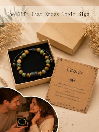 Zodiac Bracelet for Women and Men, Zodiac Sign Natural Stone Beaded Bracelet, Adjustable Horoscope Astrology Bracelet with Zodiac Card, Birthday Gift for Her Him - color: Cancer
