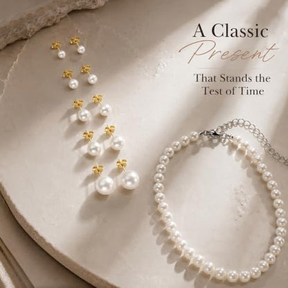 D.Bella Pearl Necklace Stud Earrings Set for Women Dainty Round Imitation Pearl Choker Necklace for Wedding -5Pairs Hypoallergenic Earrings Delicate Jewelry - color: A-Gold