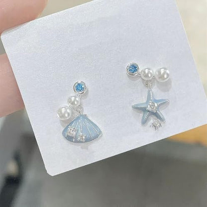 Starfish Shell Mismatched Drop Earrings for Women Blue Ocean Theme Dangle Earrings with Pearl Crystal Accents
