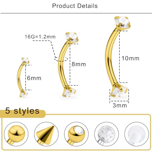 Lcolyoli 18pcs 16G Clear Bioflex Acrylic & Stainless Steel Eyebrow Barbell Rook Daith Earrings Belly Studs Cartilage Tragus Barbell Body Piercing Jewelry Retainer 6mm 8mm 10mm - color: C:18pcs/gold-tone