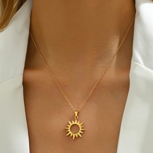 Gold Necklace for Women Dainty 18K Gold Plated | Sun Horn Crescent Moon Lucky Horse Shoe Pendant Necklace Waterproof Stainless Steel Trendy Jewelry, Gift Box Included - color: Sun-Gold