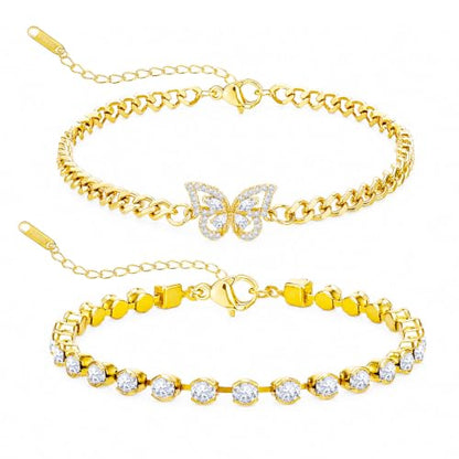 JATEBI 14K Gold Plated Layered Butterfly Zircon Anklet Set for Women | Trendy Delicate Gold Ankle Bracelets Ideal Summer Beach Foot Jewelry Nice Holiday Birthday Present For Modern‑Style
