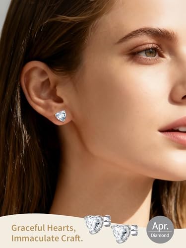 FindChic 2 Carat Birthstone Stud Earrings for Women, Round/Heart/Princess Cut Stud Earrings, Hypoallergenic Studs with 925 Sterling Silver Posts, 12 Months Birthday Jewelry Gift - color: 04. April-Diamond(Heart Cut)
