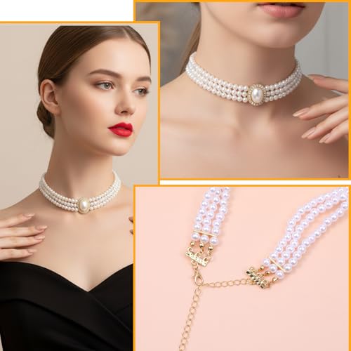 Hecila Pearl Choker Necklace for Women Boho 3 Tier Multilayer Dainty Rhinestones Pearls Chokers Layered Choker White Victorian Jewelry as Faux Pearl Vintage Chokers Necklace Birthday Christmas Gifts