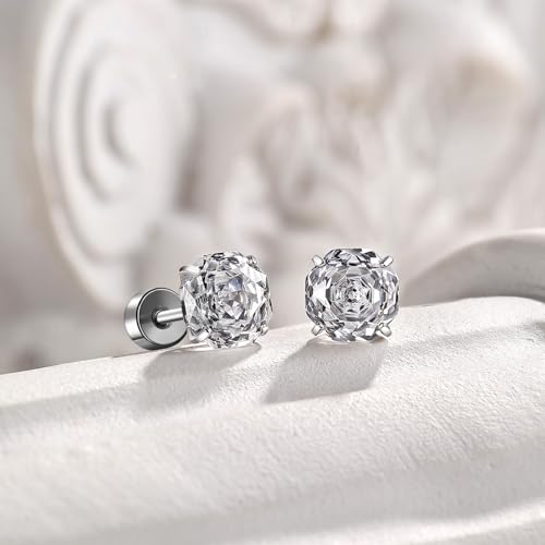 Zircon Flat Back Screw Hypoallergenic Surgical Steel Stud Earrings - color: Ice White, size: 1ct - 0.24 Inch (6mm)