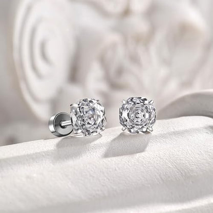 Zircon Flat Back Screw Hypoallergenic Surgical Steel Stud Earrings - color: Ice White, size: 1ct - 0.24 Inch (6mm)