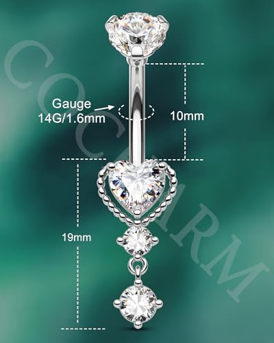 Dangle Belly Button Rings 14G Heart Belly Navel Rings for Women Surgical Steel Navel Piercing Jewelry - color: WG-10MM
