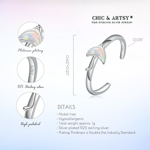 CHIC & ARTSY Women Toe Ring 925 Sterling Silver Animals Toe Ring Dainty Created Opal Toe Ring Adjustable Single Toe Ring for Women Beach Jewelry - color: L-Manta Ray/Silver