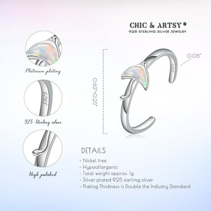 CHIC & ARTSY Women Toe Ring 925 Sterling Silver Animals Toe Ring Dainty Created Opal Toe Ring Adjustable Single Toe Ring for Women Beach Jewelry - color: L-Manta Ray/Silver
