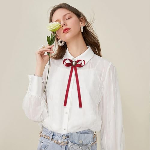 FASELE JKQBUX Women's Brooch Pin pearl Jk preppy style Pre Neck Tie Wedding Party Bow for Women Student Bow Tie accessory - color: Red