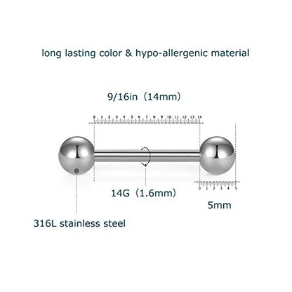VCMART 12mm-18mm 14G Tongue Rings Nipple Straight Barbells Surgical Steel Body Piercing Jewelry - style: Style C -24pcs, silver & black