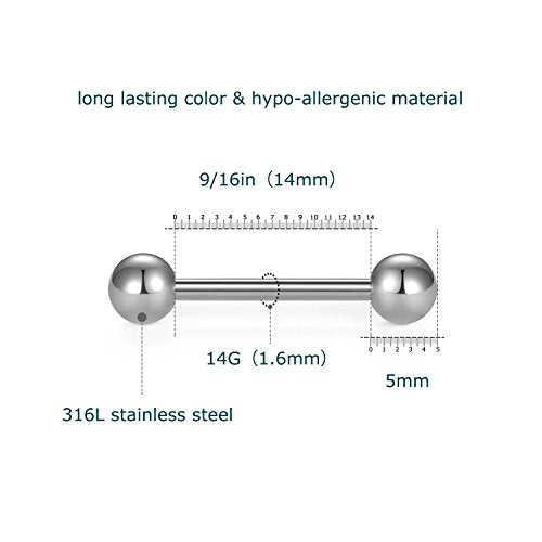 VCMART 12mm-18mm 14G Tongue Rings Nipple Straight Barbells Surgical Steel Body Piercing Jewelry - style: Style D -6pcs, silver