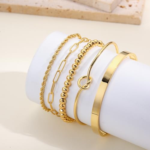Gold Bangle Bracelets for Women Non Tarnish, 18k Gold Bracelet Stack Layered Chunky Cuff Bracelet Knot Cross Bowknot Bracelets Trendy Jewelry Set for Women Gifts - color: S02