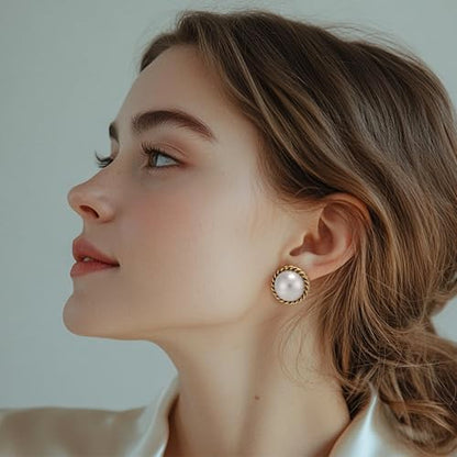 Large Pearl Earrings for Women, Chunky Gold Button Pearl Studs | Gold Twist Trim, Statement Vintage Style, 23mm, 14K Gold-Plated Brass, Faux Mabe Pearl, for Wedding, Parties, Elegant Look