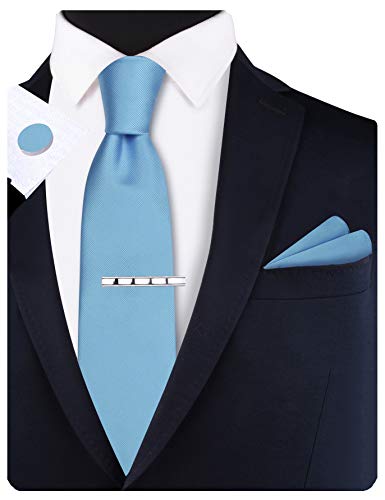 GUSLESON New 3.15"（8cm） Solid Color Necktie and Pocket Square Cufflinks Clip Set - color: Light Blue