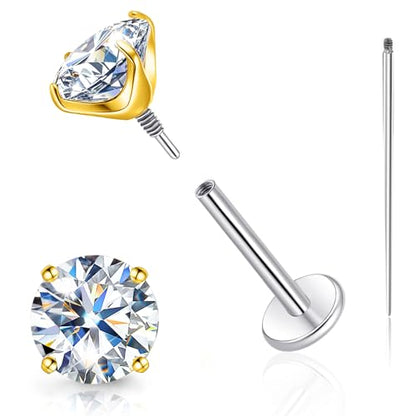 Limerencia Moissanite Internal Thread 18G Titanium Earrings, Hypoallergenic F136 Titanium Flat Back Piercing Studs, VVS1 Lab-created Moissanite Studs for Women Men Tragus Helix Cartilage Conch Labret - color: Gold, size: 6mm-1.6ct(0.8ct Each)